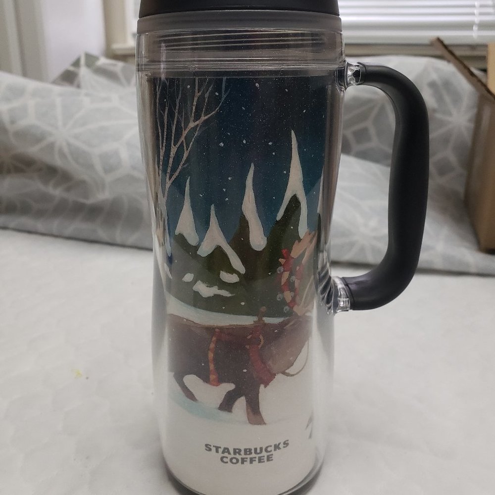 STARBUCKS Christmas 2008 Travel Tumbler Holiday Glitter Reindeer Sleigh